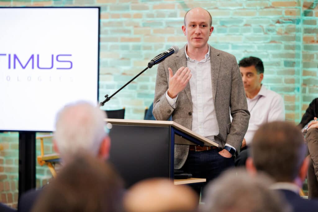 Optimus Technologies, Inc., CEO Colin Huwyler speaks at a June gathering of the 
Foundation’s SII funding recipients, at the Roundhouse in Hazelwood Green (Photo credit: Runway Productions LLC)